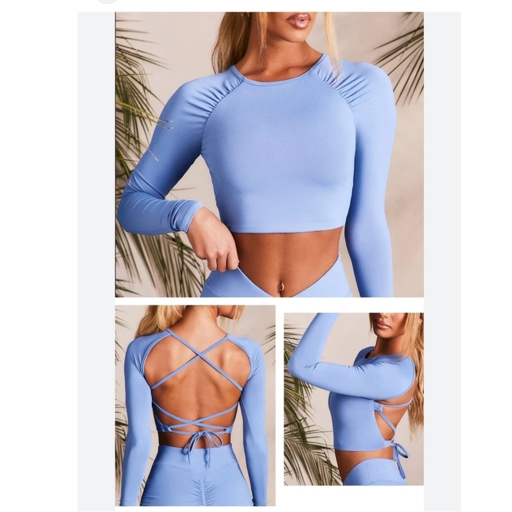 Blue long sleeve ruched shoulder crisscross tie back cropped workout gym top L
